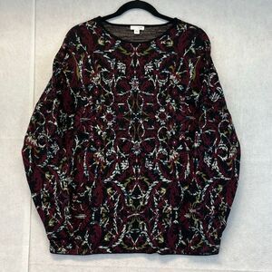 J. JILL Women’s Sweater Large Black Red Multi Knit Floral Jacquard Long Sleeve